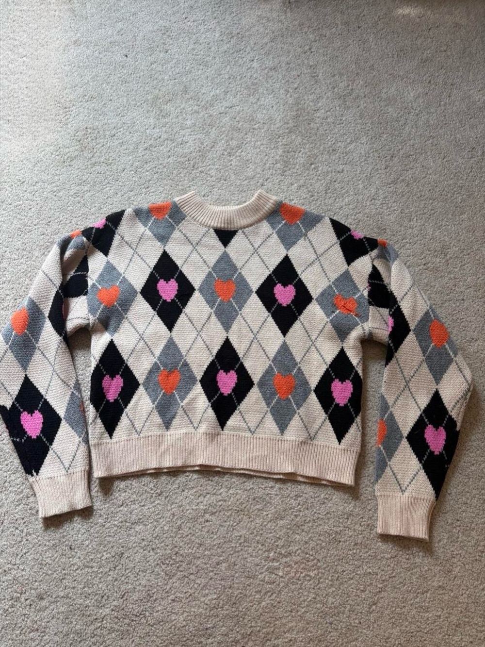 THML Beige Argyle Crewneck Sweater with Pink & Orange Hearts